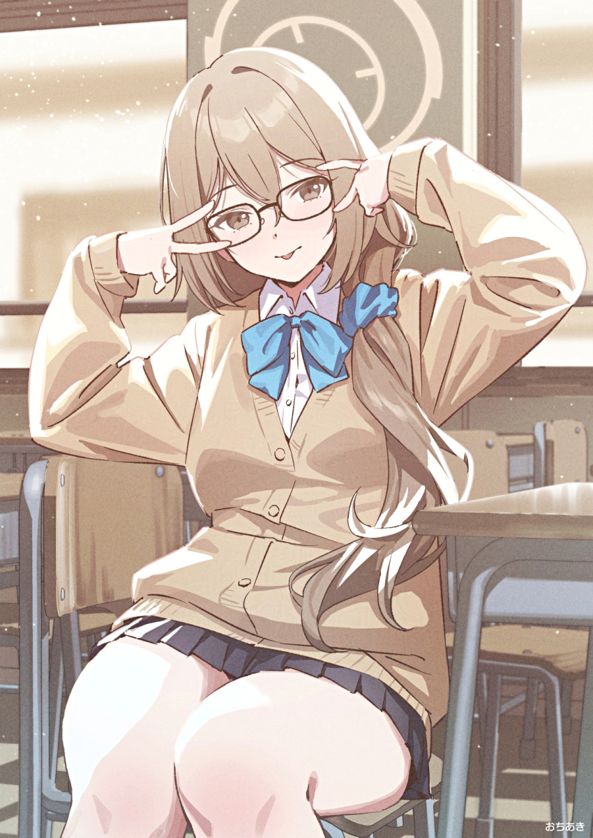 1girl, akane_(blue_archive), akane_(school_uniform)_(blue_archive), black_skirt, blue_archive, blue_bow, blue_bowtie, blue_scrunchie