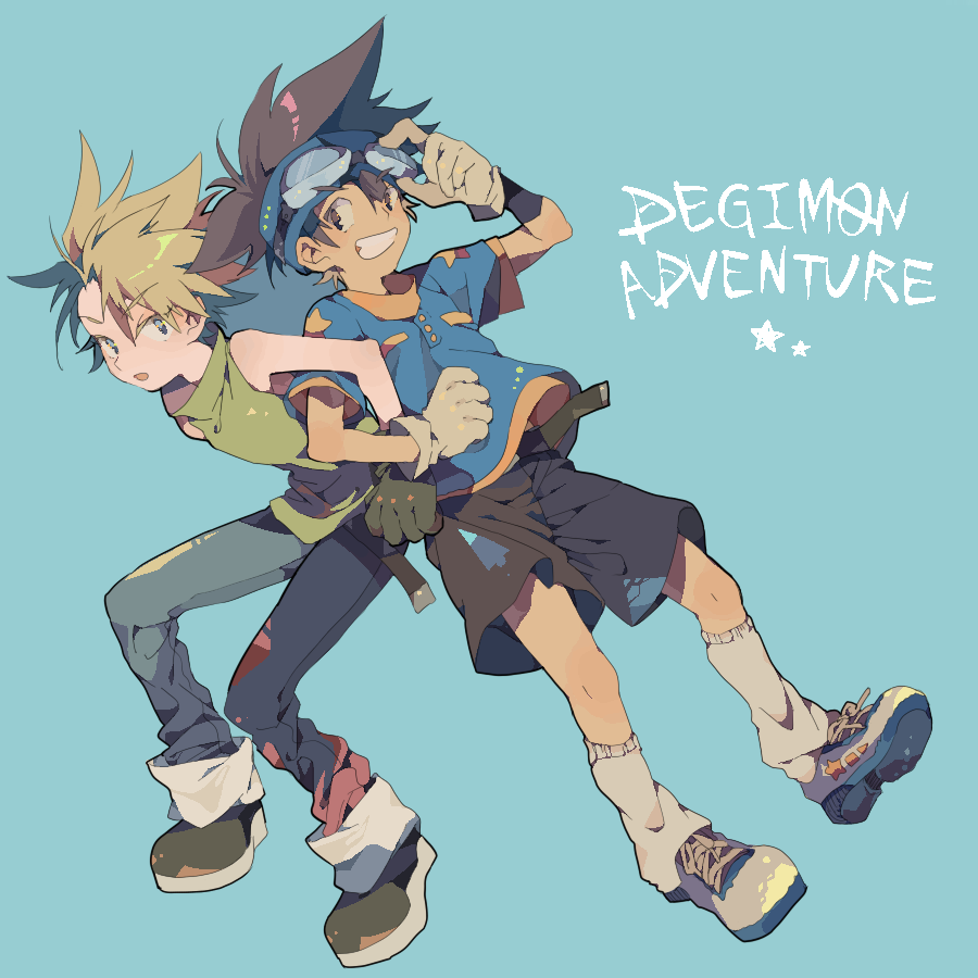 blonde_hair, brown_hair, digimon, digimon_adventure, footwear, gloves, goggles, grin, ishida_yamato, male, multiple_boys, open_mouth, ren_(zero_second), smile, socks, teeth, title_drop, yagami_taichi