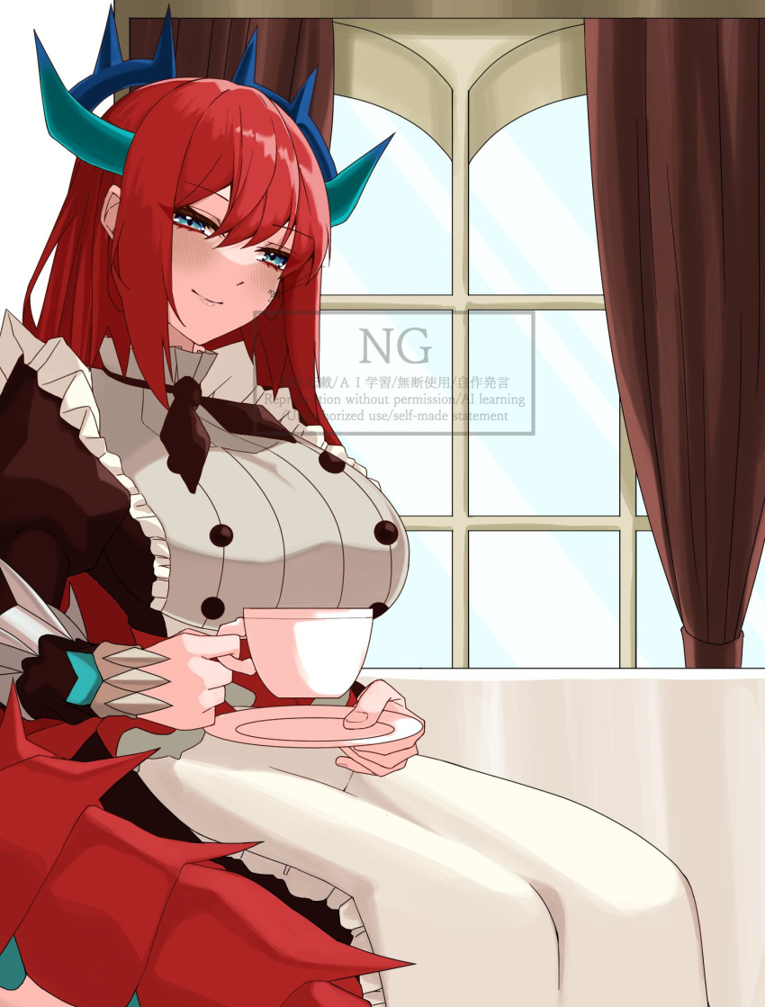 1girl, apron, blue_eyes, blue_horns, breasts, chef, closed_mouth, commentary_request