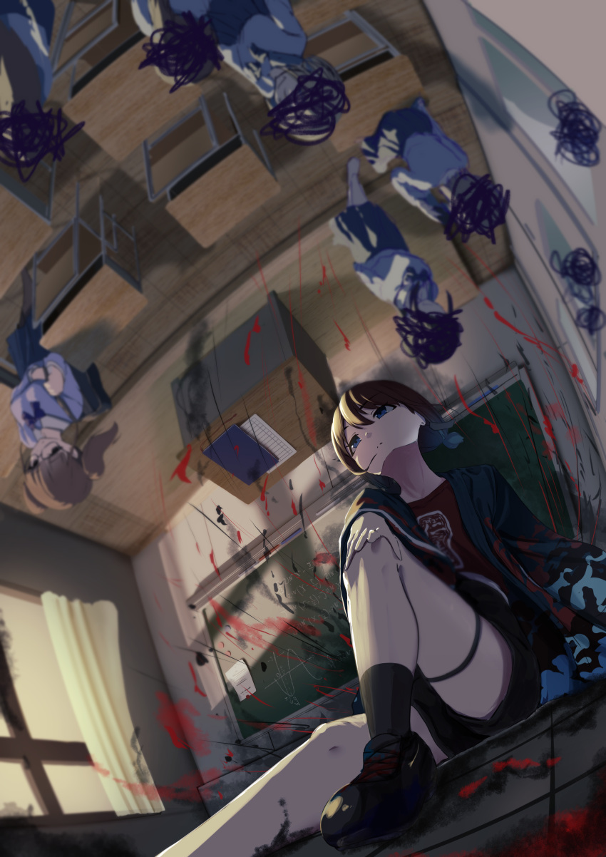 6+girls, absurdres, black_shorts, blue_hair, blue_shirt, brown_hair, censored, censored_identity, classroom, commentary_request, curtains, girls_band_cry, grey_hair, highres, hina_(girls_band_cry), iseri_nina, kuuhaku_to_catharsis, localized_gravity, low_twintails, multiple_girls, nanafuku, partial_commentary, school_uniform, shirt, short_hair, short_twintails, shorts, sitting, twintails, upside-down_world