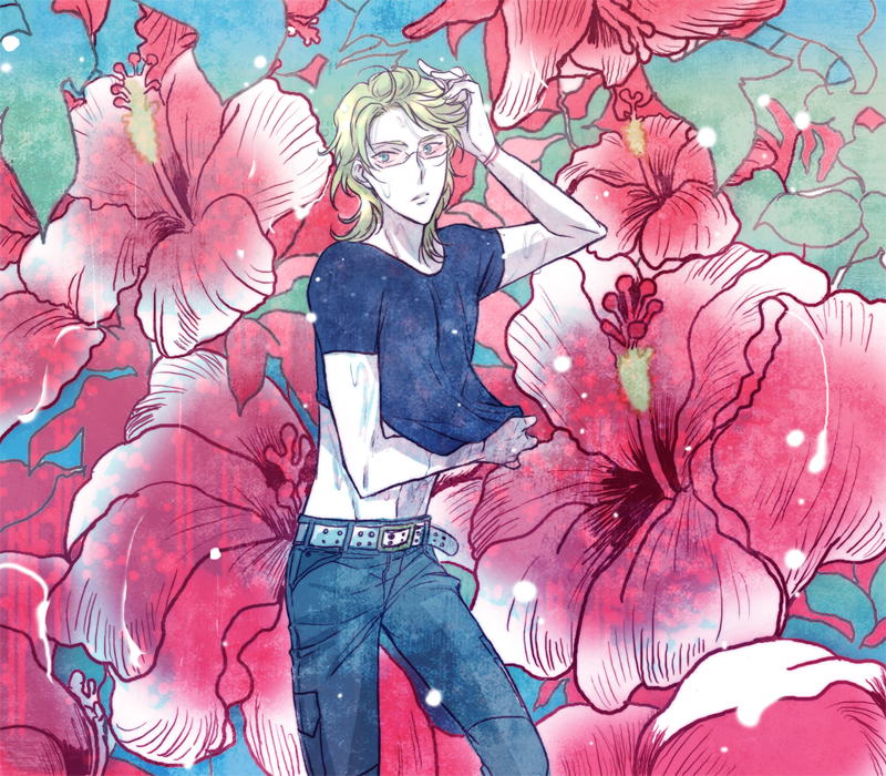 bad_id, barnaby_brooks_jr, belt, blonde_hair, flower, glasses, green_eyes, hibiscus