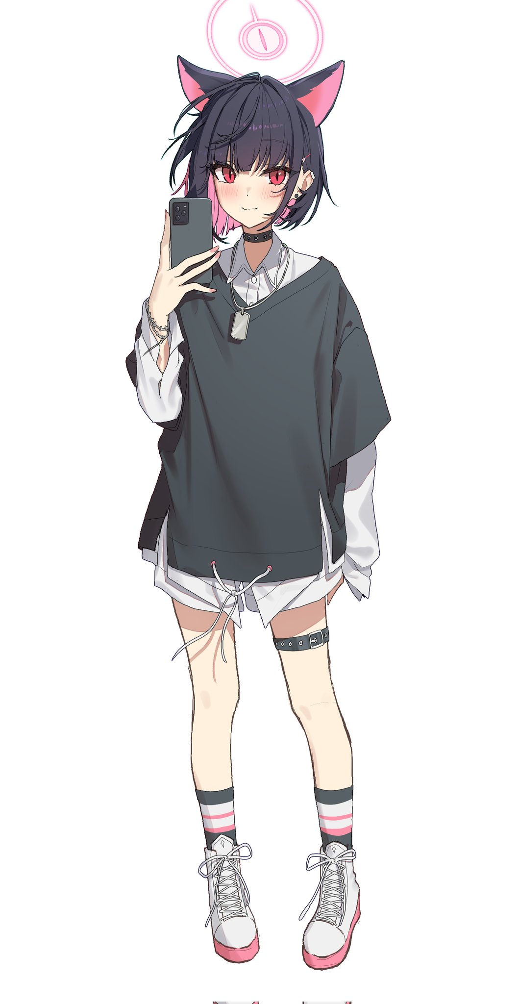 1girl, animal_ears, belt, black_choker, black_sweater, blue_archive, blush, cat_ears