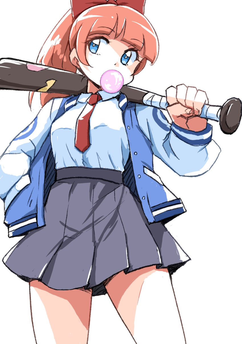1girl, blowing_bubble_gum, blue_eyes, blue_jacket, blunt_bangs, bow, brown_hair, chewing_gum