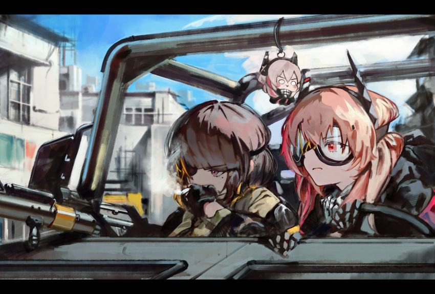2girls, brown_hair, eyepatch, girls_frontline, goggles, highres, m1161_growler, m16a1_(girls'_frontline)