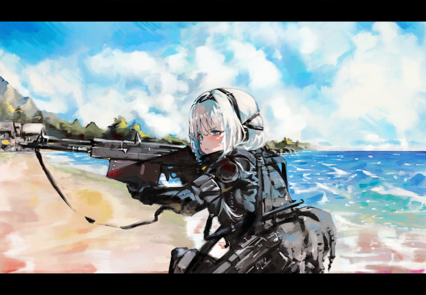 1girl, aiming, an-94, an-94_(girls'_frontline), aps_rifle, assault_rifle, beach, blonde_hair