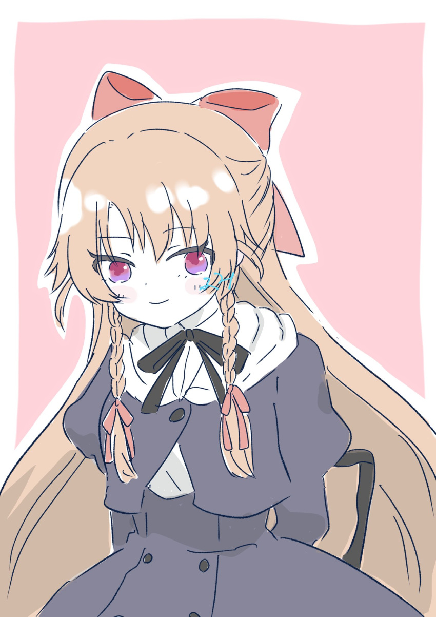 1girl, arm_at_side, arm_behind_back, artist_name, assault_lily, black_ribbon, black_skirt, blush, border, bow, braid, braided_sidelocks, brown_hair, buttons, closed_mouth, commentary_request, cropped_jacket, fumi_(fumifumi3axl), hair_bow, hair_ribbon, half_updo, high-waist_skirt, highres, juliet_sleeves, long_hair, long_sleeves, low-tied_sidelocks, monica_rossi, neck_ribbon, outline, pink_background, puffy_sleeves, red_bow, red_ribbon, ribbon, school_uniform, shirt, sidelocks, simple_background, skirt, smile, solo, standing, twin_braids, very_long_hair, violet_eyes, white_border, white_outline, white_shirt, yurigaoka_girls_academy_school_uniform