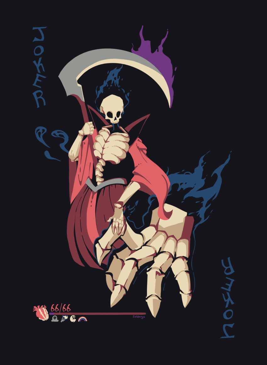 1girl, 1other, black_background, blue_fire, card, english_text, fire, flaming_head