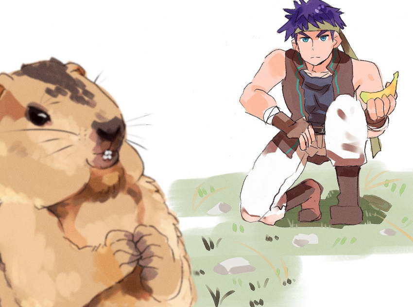 1boy, banana, blue_eyes, blue_hair, closed_mouth, commentary_request, doggyet, fire_emblem