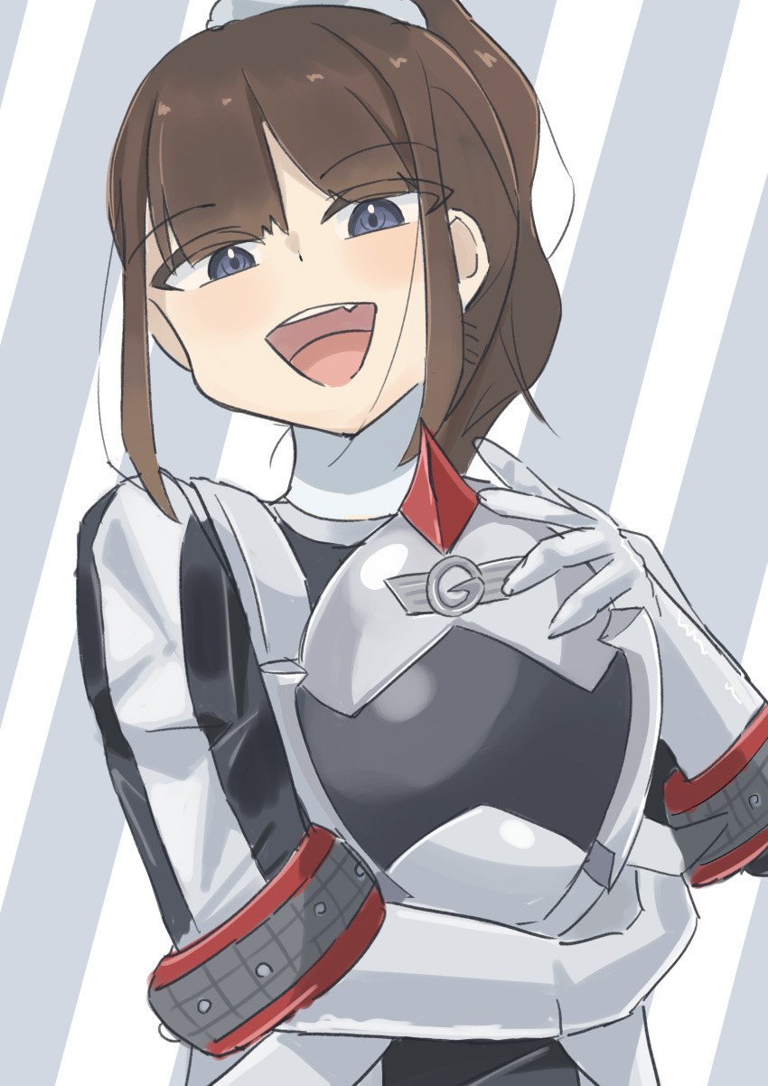 1girl, :d, absurdres, animification, assault_visor, black_bodysuit, blue_eyes, blunt_bangs