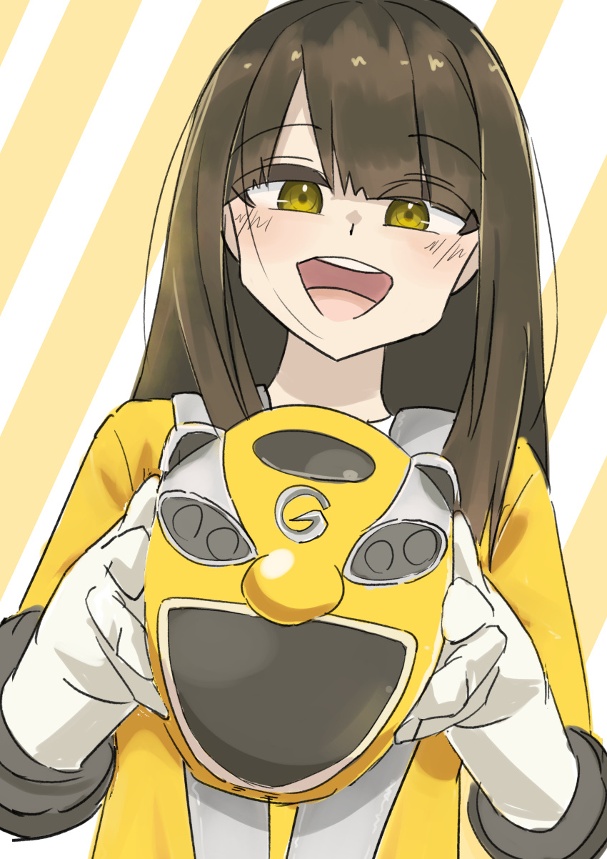 1girl, :d, absurdres, animification, assault_visor, blunt_bangs, blush, bodysuit