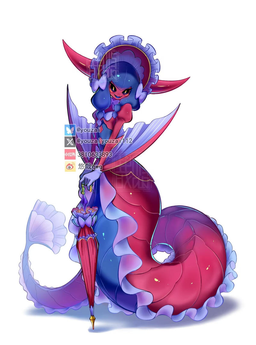 1girl, black_sclera, blue_hair, bonnet, colored_sclera, colored_skin, digimon, digimon_(creature), full_body, highres, holding, holding_umbrella, horns, lamia, lamiamon, monster_girl, parasol, red_skin, simple_background, solo, umbrella, white_background, yellow_eyes, youzaiyouzai112