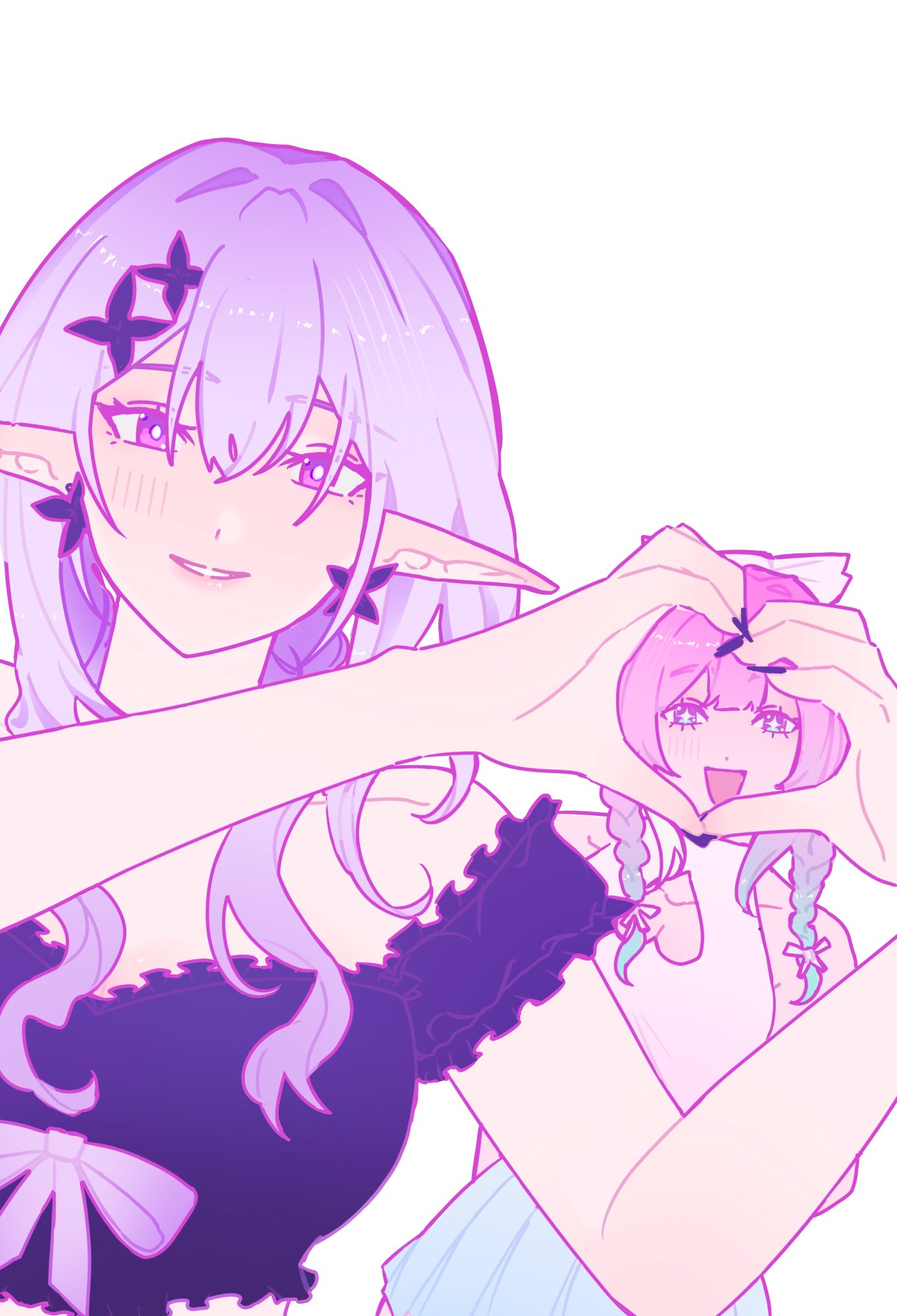 2girls, alternate_costume, bow, braid, bright_pupils, castorice_(honkai:_star_rail), clothing_cutout, collarbone