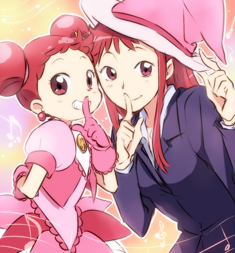 blush, dodo_(ojamajo_doremi), dual_persona, finger_to_mouth, gloves, grin, harukaze_doremi, hat, hat_tip, long_hair, magical_girl, maruki_(punchiki), multiple_girls, ojamajo_doremi, punchiki, red_eyes, red_hair, redhead, short_hair, smile
