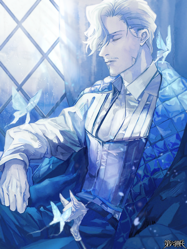 1boy, artist_request, beard_stubble, belt, blue_theme, bug, butterfly, closed_eyes, coat, copyright_name, dairoku_ryouhei, facial_hair, hair_over_one_eye, indoors, jakes_liar, male_focus, mustache_stubble, pants, shirt, sitting, sleeping, stubble, vest, white_butterfly, window