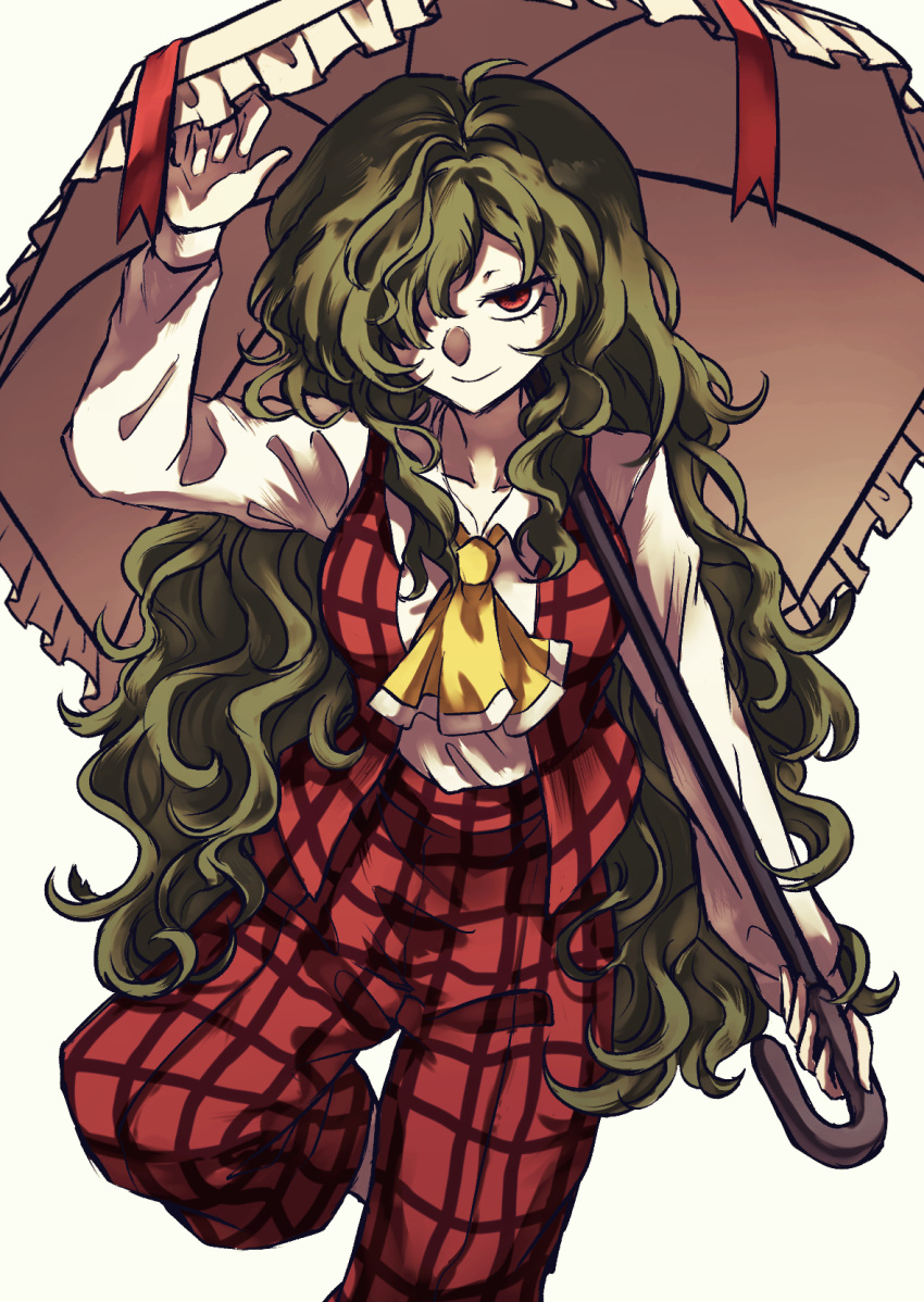1girl, ascot, collarbone, green_hair, hair_over_one_eye, highres, holding, holding_umbrella, kazami_yuuka, kazami_yuuka_(pc-98), long_hair, looking_at_viewer, pants, plaid_clothes, plaid_pants, red_eyes, red_pants, red_vest, shirt, soda_(sodaa_811), solo, touhou, touhou_(pc-98), umbrella, very_long_hair, vest, wavy_hair, white_background, white_shirt, yellow_ascot