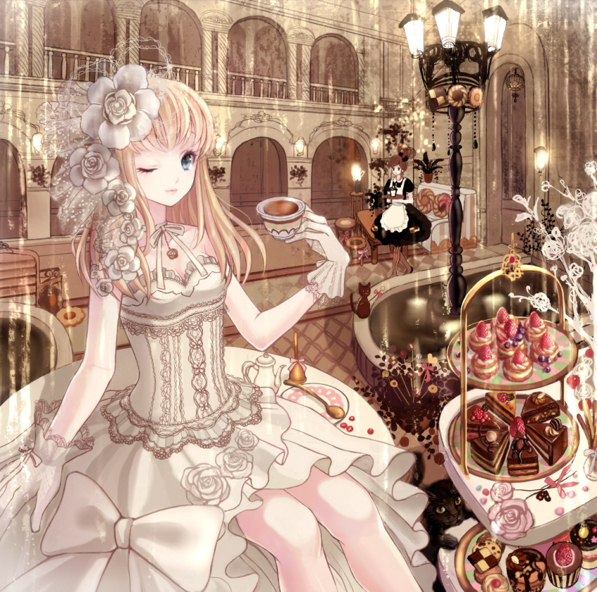 anko_kinako, bell, blonde_hair, blue_eyes, brown_hair, cake, cat, checkerboard_cookie