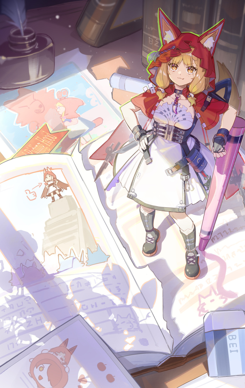 1girl, :3, absurdres, animal_ears, arknights, arknights:_endfield, black_boots, black_gloves, blonde_hair, boots, cape, chinese_commentary, closed_mouth, commentary_request, crayon, dress, ears_through_headwear, exusiai_(apple)_(arknights), exusiai_(arknights), fang, fang_out, fingerless_gloves, gloves, hand_on_own_hip, highres, hokushuu, hood, hood_up, hooded_cape, little_red_riding_hood_(fairy_tale), long_hair, mini_person, minigirl, red_cape, rossi_(arknights), solo, standing, white_dress, yellow_eyes
