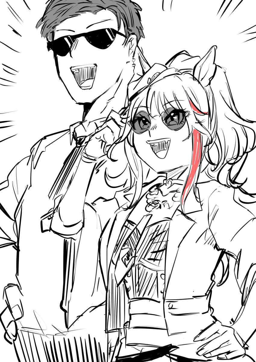 1boy, 1girl, absurdres, adjusting_eyewear, animal_ears, chain_necktie, fang, fedora