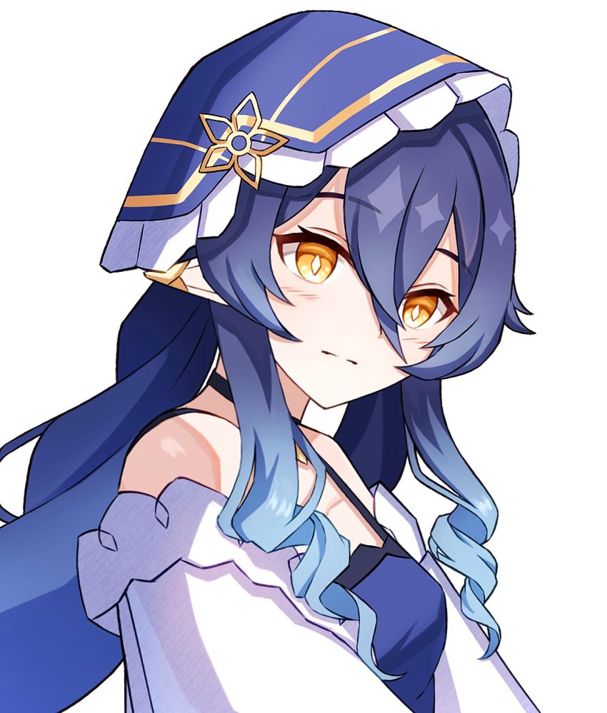 1girl, bare_shoulders, black_choker, blue_dress, blue_hair, blue_veil, breasts, choker