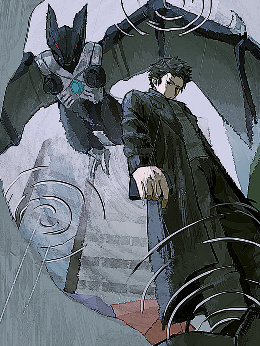 1boy, aao_ao, akiyama_ren, arms_at_sides, bat_(animal), black_coat, black_eyes, black_hair