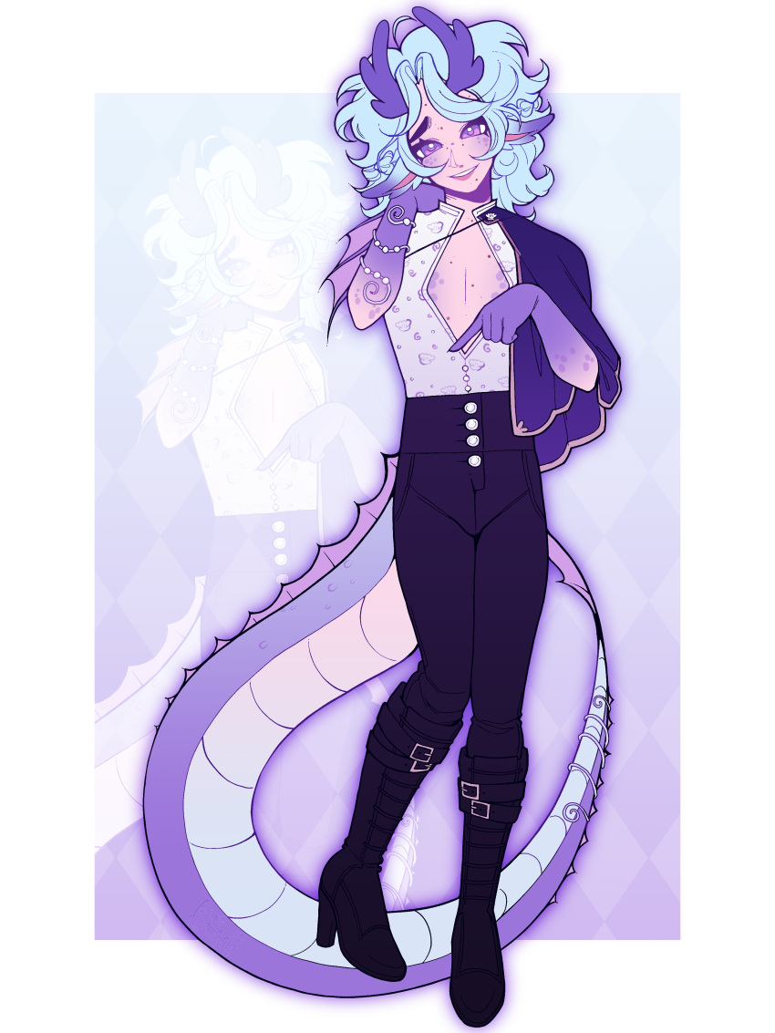 1boy, absurdres, blue_hair, boots, colored_blush, commission, dragon_boy, dragon_ears, dragon_horns, dragon_tail, dreamalgia, freckles, full_body, high-waist_pants, high_heel_boots, high_heels, highres, horns, male_focus, original, pants, shirt, smile, solo, standing, tail