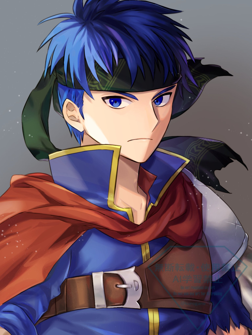 1boy, blue_eyes, blue_hair, blue_tunic, cape, fire_emblem, fire_emblem:_path_of_radiance, gold_trim, green_headband, headband, highres, ike_(fire_emblem), kurogane_75, looking_at_viewer, male_focus, red_cape, short_hair, solo, tunic