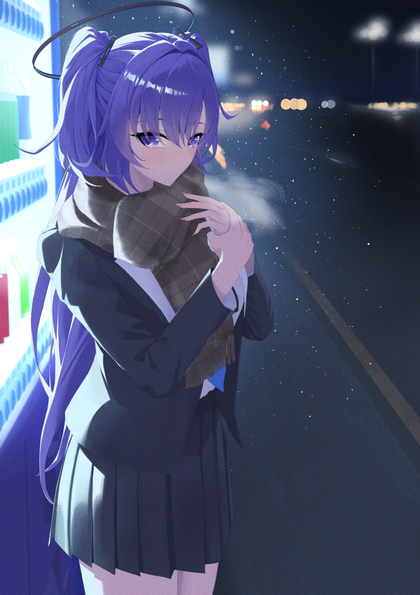 1girl, azashiro_kp, black_halo, black_jacket, black_skirt, blue_archive, blue_necktie, blurry