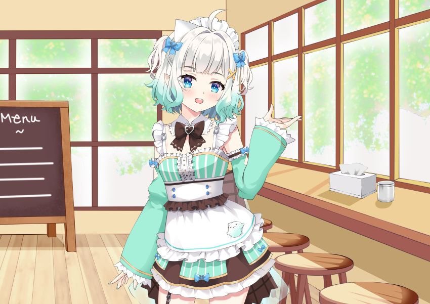 1girl, absurdres, blue_eyes, commission, detached_sleeves, dress, ghost_girl, gradient_hair