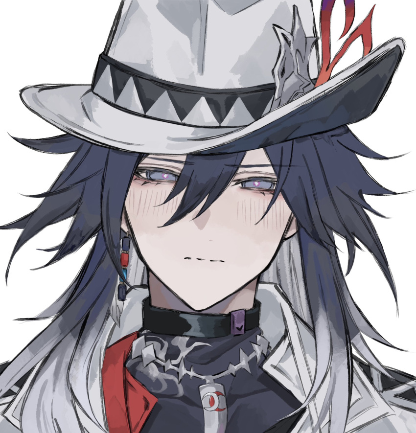 1boy, ashveil_(honkai:_star_rail), black_hair, blush, bright_pupils, colored_inner_hair, earrings, fedora, gradient_hair, grey_eyes, hat, hat_ornament, highres, honkai:_star_rail, honkai_(series), iota_1600, jacket, jewelry, long_hair, looking_at_viewer, lower_eyelashes_only, male_focus, multicolored_hair, necklace, open_clothes, open_jacket, single_earring, tooth_necklace, turtleneck, upper_body