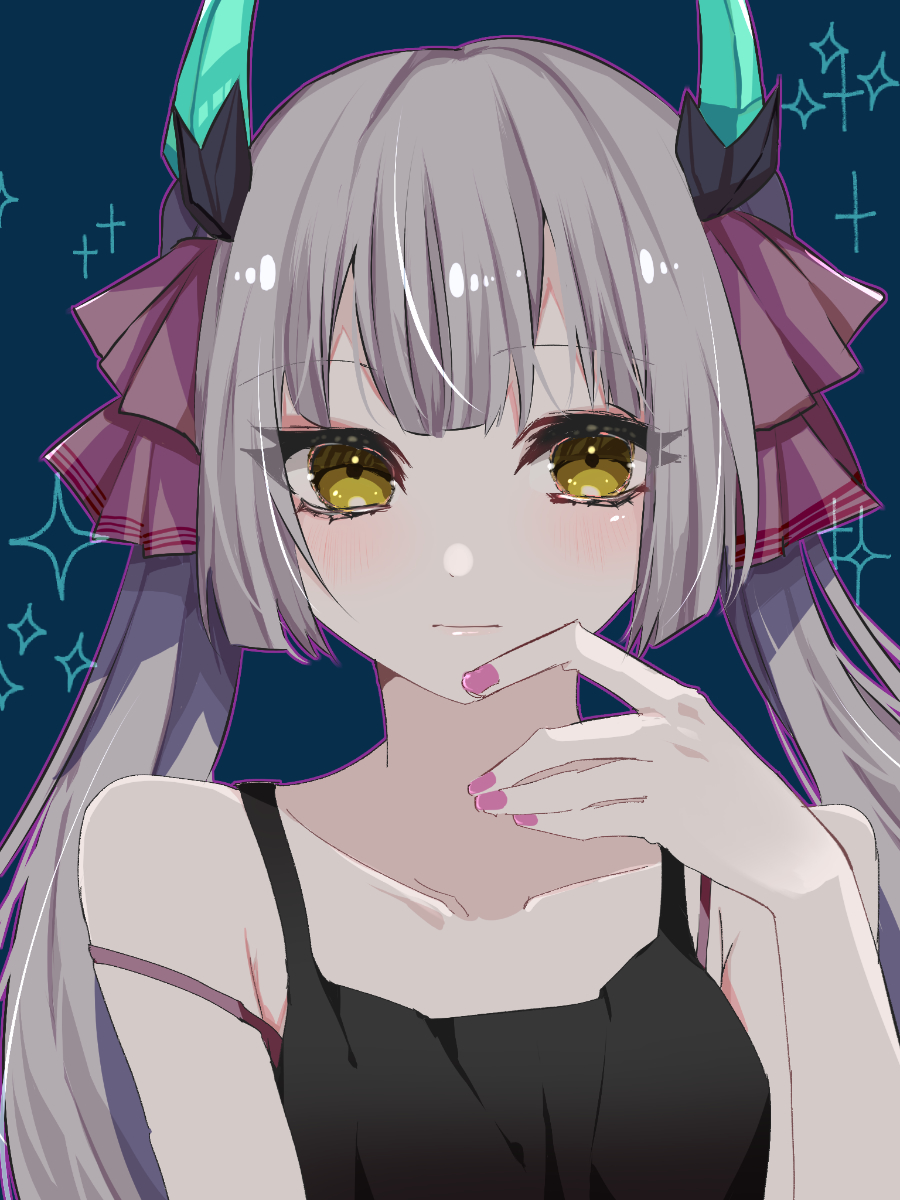 1girl, alternate_costume, bare_shoulders, black_camisole, blue_background, blunt_bangs, blunt_ends, blush