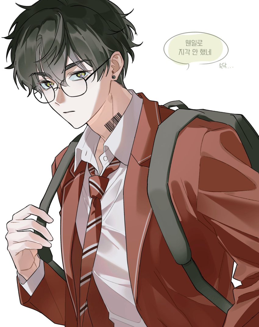 1boy, backpack, bag, barcode, barcode_tattoo, black_hair, collared_shirt, earrings, green_eyes, highres, ieemanchi, jacket, jewelry, korean_text, looking_at_viewer, male_focus, messy_hair, neck_tattoo, necktie, red_jacket, robo_frostor, round_eyewear, school_uniform, shirt, short_hair, simple_background, skoshism, striped_clothes, striped_necktie, stud_earrings, tattoo, virtual_youtuber, white_background, white_shirt