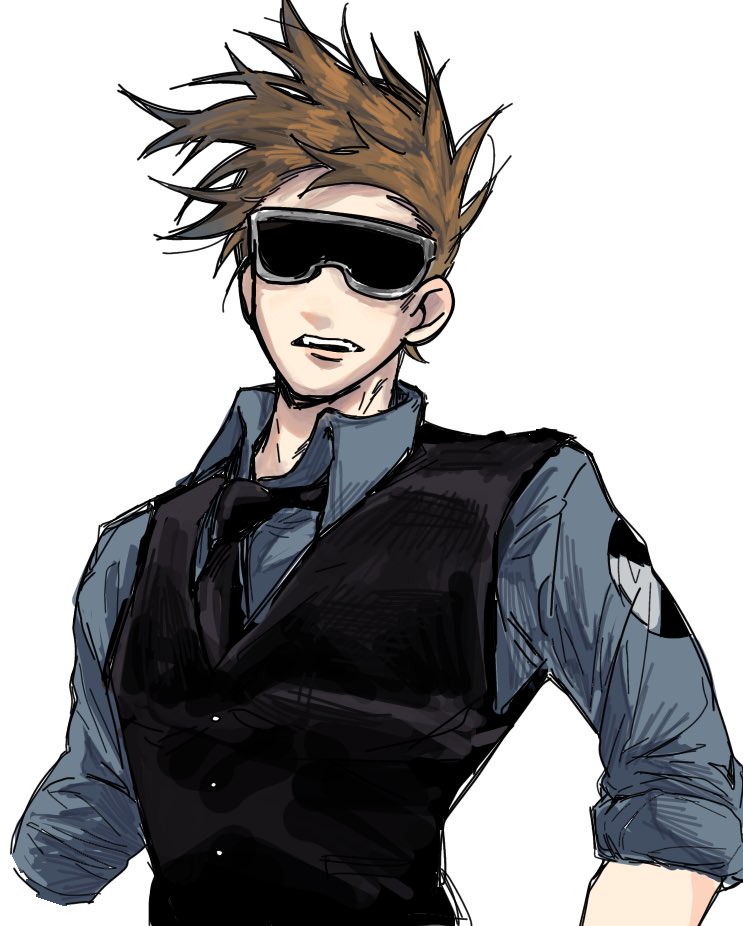 1boy, animification, black_necktie, black_vest, blue_shirt, brown_hair, collared_shirt, commentary_request