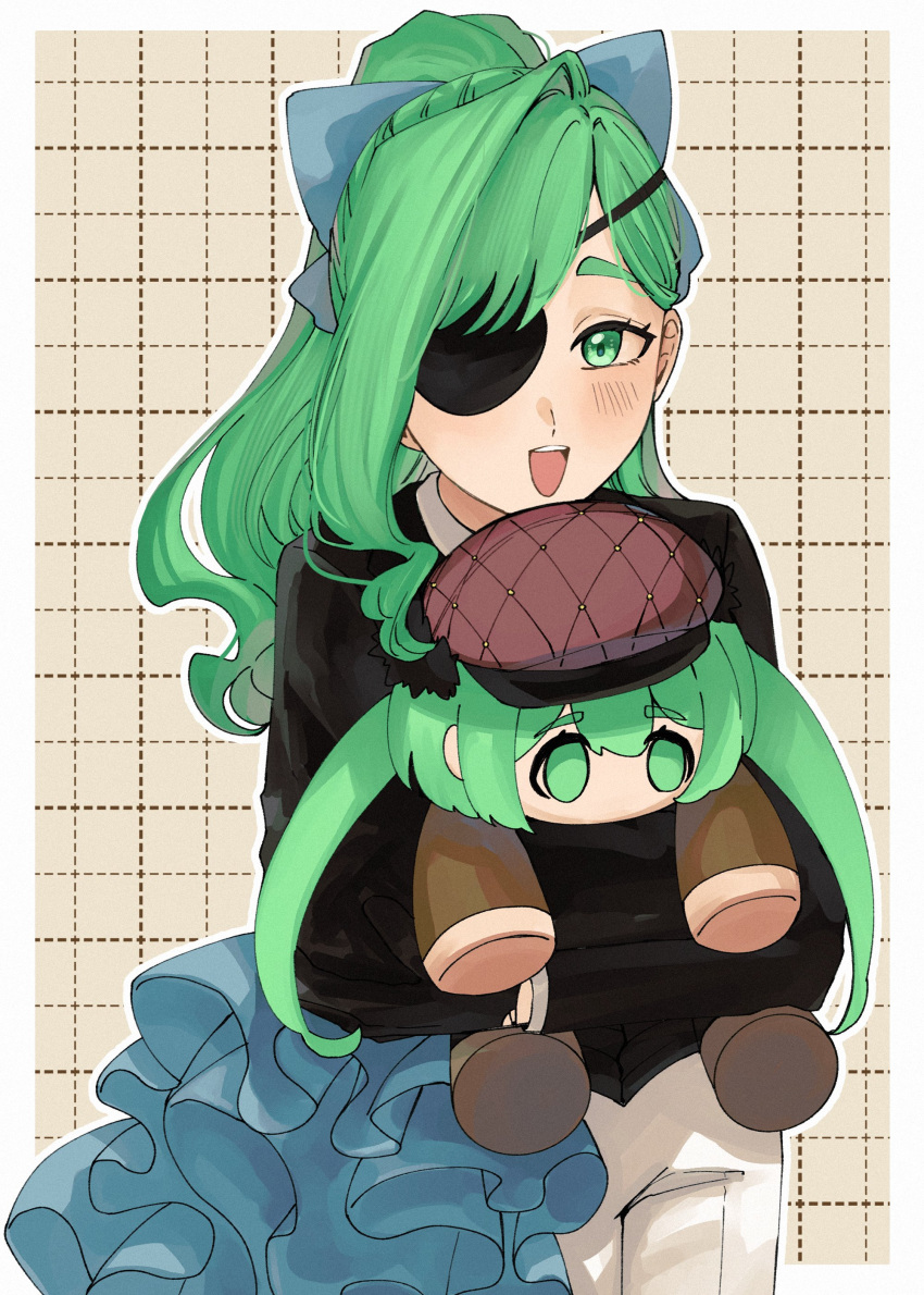 1girl, absurdres, blush, border, bow, brown_background, character_doll, cowboy_shot