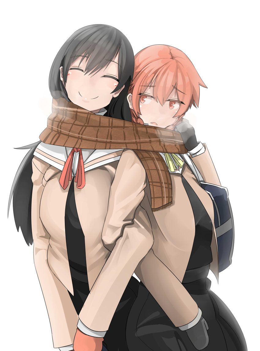 2girls, absurdres, bag, black_dress, black_gloves, black_hair, breath, brown_jacket