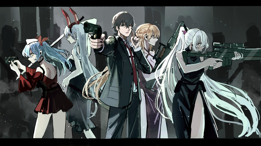 1boy, 4girls, absurdres, aiming, alternate_costume, animal_ears, anti-materiel_rifle, assault_rifle