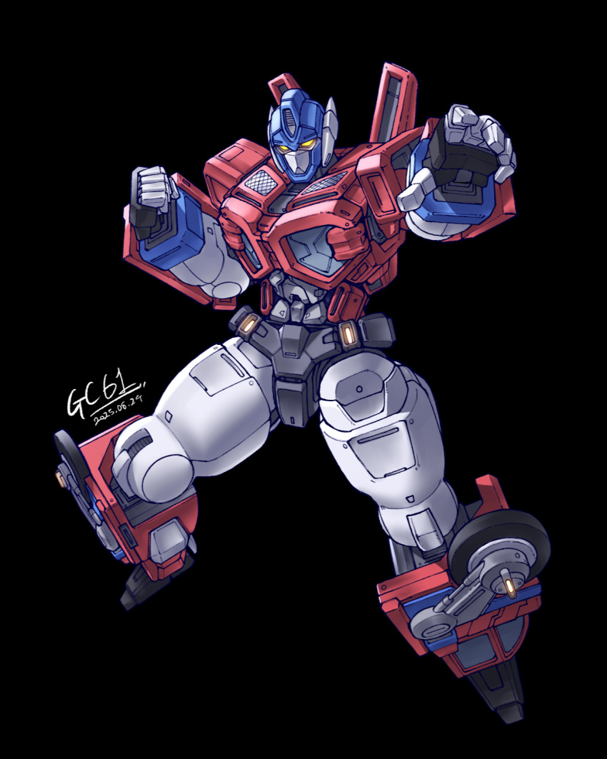 1boy, black_background, fire_convoy, glowing, glowing_eyes, gwangchi, highres, humanoid_robot