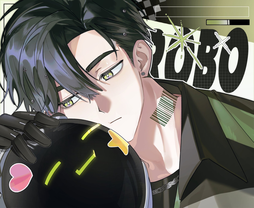 1boy, barcode, barcode_tattoo, black_hair, black_jacket, chain, chain_necklace, earrings, green_eyes, highres, ieemanchi, jacket, jewelry, looking_at_another, male_focus, mechanical_hands, neck_tattoo, necklace, petting, portrait, robo_frostor, short_hair, skoshism, sticker, stud_earrings, tattoo, virtual_youtuber