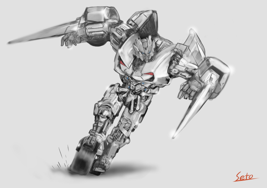 absurdres, arm_blade, blue_eyes, highres, mecha, no_humans, robot, science_fiction, seto_(atsushi533822), sideswipe, transformers, transformers:_revenge_of_the_fallen, transformers_(live_action), weapon, wheel, wheeled_leg(s), white_background