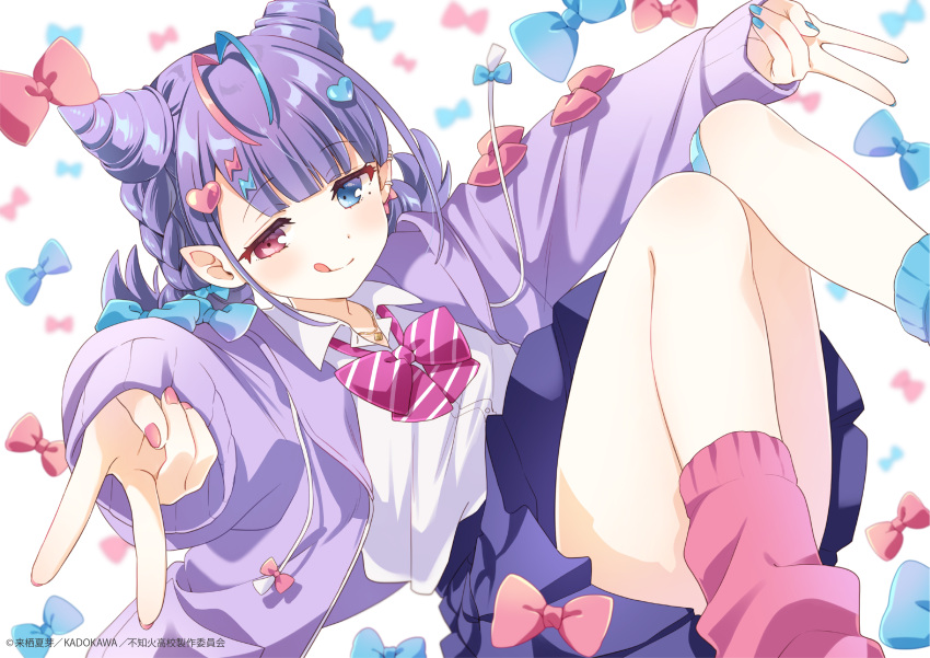 1girl, absurdres, ahoge, asymmetrical_legwear, blue_bow, blue_eyes, blue_socks, bow