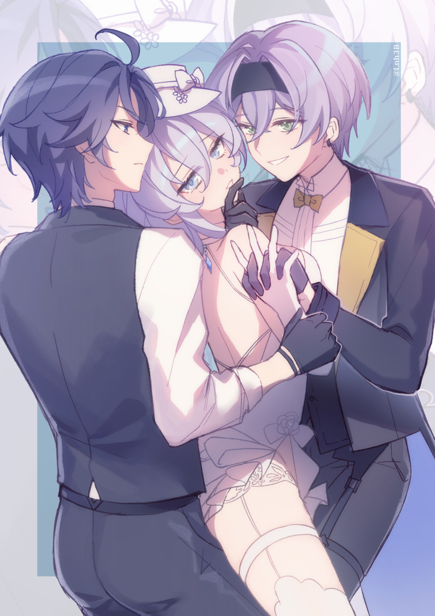 1girl, 2boys, absurdres, asurada_(tower_of_fantasy), black_gloves, bodysuit, dress, gloves, green_eyes, grey_eyes, grey_hair, hand_up, hands_up, highres, long_coat, looking_at_viewer, multiple_boys, nanto_(tower_of_fantasy), pale_skin, purple_hair, short_hair, shuanghu-miku, tower_of_fantasy, wanderer_(tower_of_fantasy), wedding_dress, white_dress