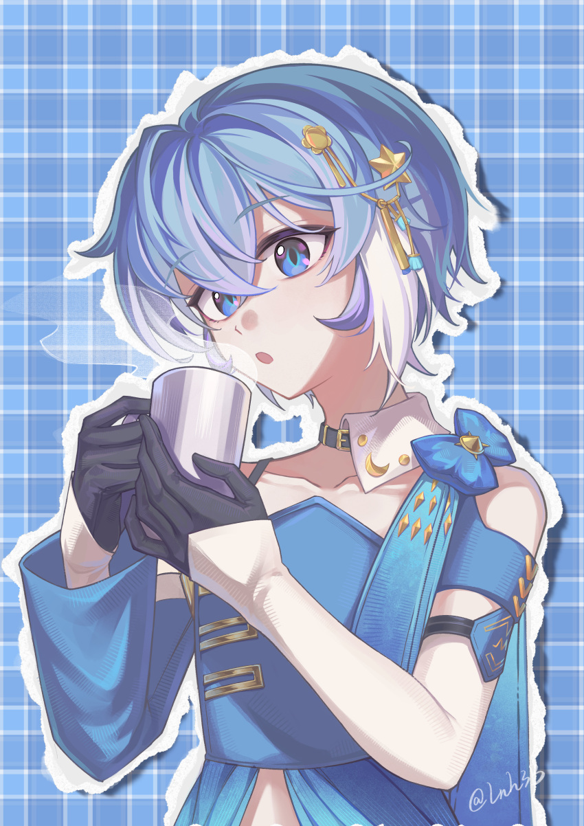 1boy, absurdres, blue_eyes, blue_hair, cup, gloves, highres, holding, holding_cup, icarus_(tower_of_fantasy), jewelry, looking_at_viewer, male_focus, open_mouth, ribbon, short_hair, shuanghu-miku, solo, tower_of_fantasy, violet_eyes