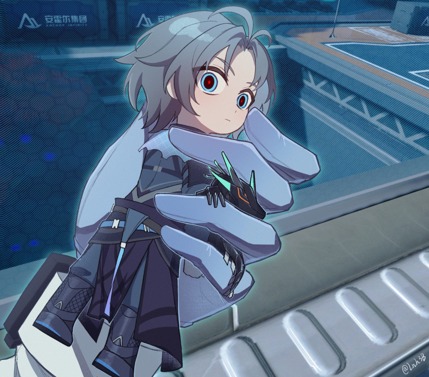 1boy, blue_eyes, chibi, dragon, gauntlets, grey_hair, hair_between_eyes, harness, highres, looking_at_viewer, male_focus, messy_hair, nanto_(tower_of_fantasy), pale_skin, short_hair, shuanghu-miku, techwear, tower_of_fantasy