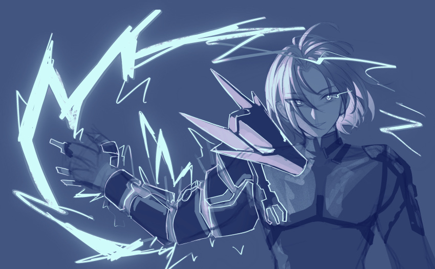 1boy, absurdres, dragon, gauntlets, glowing, glowing_eyes, hand_up, harness, highres, looking_at_viewer, male_focus, messy_hair, nanto_(tower_of_fantasy), short_hair, shuanghu-miku, techwear, tower_of_fantasy