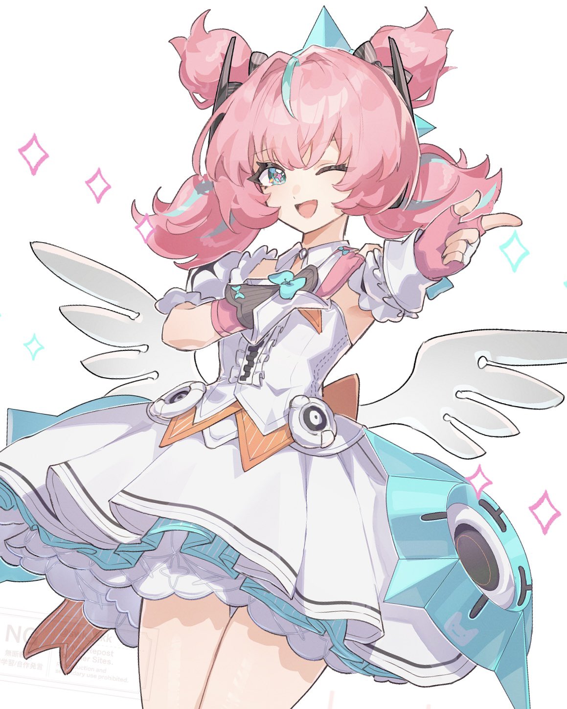 1girl, aqua_hair, aqua_streaks, aria_(zenless_zone_zero), blue_eyes, bridal_gauntlets, center_frills, cowboy_shot