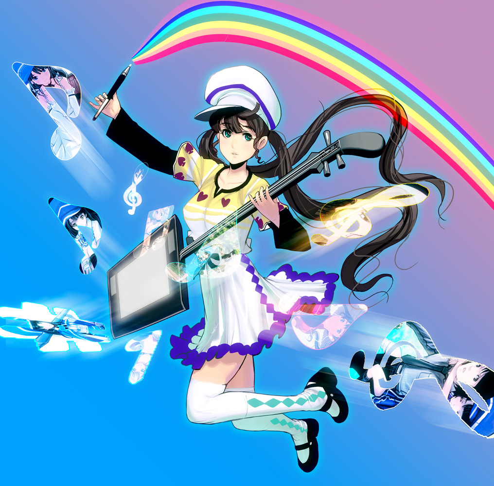 argyle_legwear, bad_id, black_hair, cameo, girl_with_golden_shoe, girl_with_golden_shoe_(cameo), guitar, hat