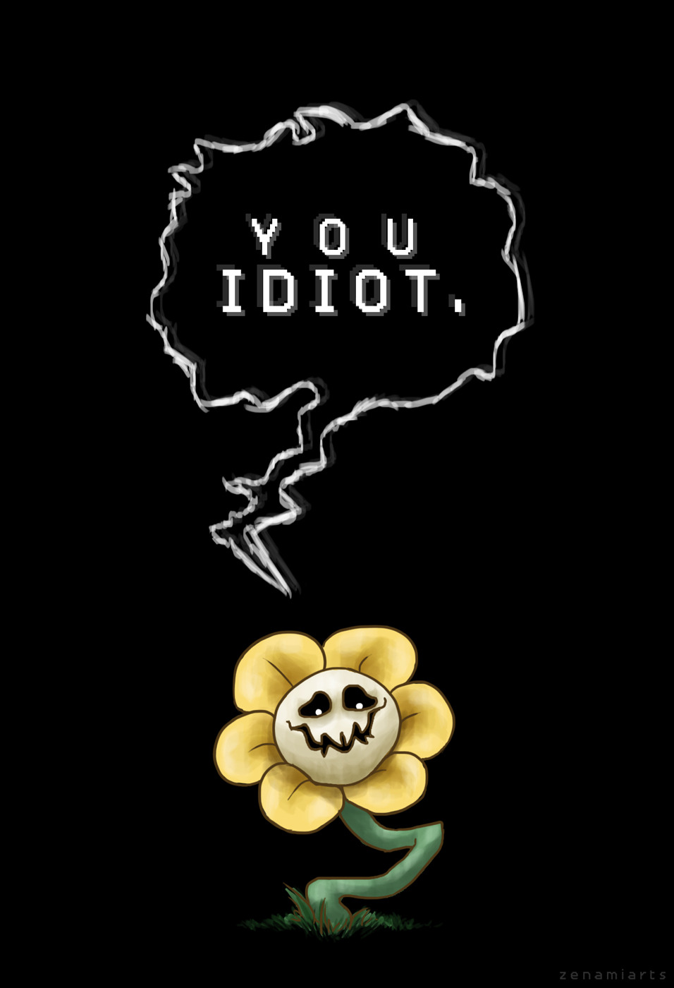 1boy, 2015, 2d, artist_name, black_background, black_sclera, colored_sclera, commentary, creepy_smile, digital_media, english_commentary, english_text, flower, flower_focus, flowey_(undertale), insult, looking_at_viewer, male, male_only, plant, simple_background, smile, solo, speech_bubble, text, undertale, utdr_(toby_fox), white_eyes, yellow_flower, zenamiarts