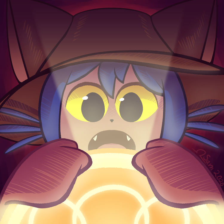1:1, 1other, 2020, 2d, ambiguous_gender, animal_ears, black_eyes, blue_hair, blue_scarf, brown_background, colored_sclera, commentary, dark_background, digital_media, english_commentary, fake_animal_ears, fangs, glowing, hat, holding, holding_bulb, light_bulb, niko_(oneshot), omegasamart, oneshot_(game), open_mouth, other_focus, oversized_sweater, scarf, short_hair, simple_background, solo, teeth, yellow_sclera