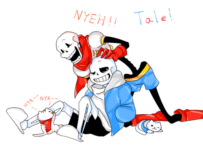 2016, 2boys, 2d, animal, animal_in_clothes, animalization, armor, black_shorts, blue_jacket, blue_shorts, boots, brothers, cape, cat, commentary, digital_media, english_commentary, foot_out_of_frame, gloves, grey_hood, hand_on_another's_head, hands_in_pockets, height_difference, hollow_eyes, hood, hood_down, hooded_jacket, humanoid, jacket, kneeling, knees_up, kophnar352_(discoice), long_sleeves, looking_at_animal, male, male_focus, male_only, monster, monster_boy, multiple_boys, multiple_cats, neko_atsume, one_eye_closed, open_clothes, open_jacket, papyrus_(undertale), person_and_animalization, red_boots, red_cape, red_gloves, red_scarf, sans_(undertale), scarf, shirt, shorts, siblings, simple_background, single_vertical_stripe, sitting, skeleton, slippers, socks, striped_shorts, teeth, third-party_source, undead, undertale, utdr_(toby_fox), vertical-striped_clothes, vertical-striped_shorts, white_armor, white_background, white_cat, white_fur, white_shirt, white_slippers, white_socks, white_stripes