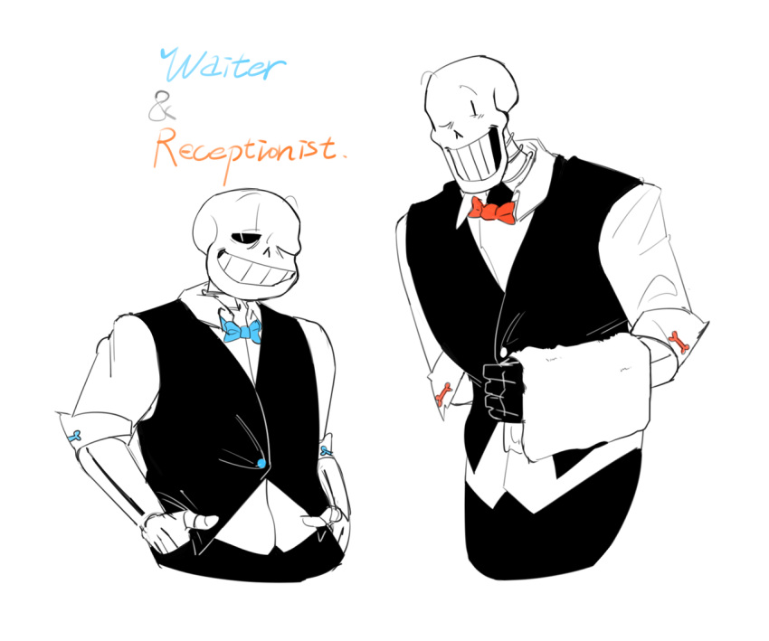 2018, 2boys, 2d, black_gloves, black_pants, black_vest, blue_bowtie, bone_print