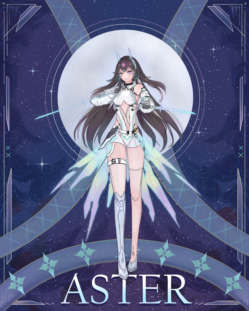 1girl, absurdres, aster_(tower_of_fantasy), bare_hips, bare_shoulders, blue_eyes, breasts, brown_hair, gloves, highres, holding, holding_weapon, hoodmera, long_hair, looking_at_viewer, moon, multicolored_hair, solo, sword, tower_of_fantasy, weapon